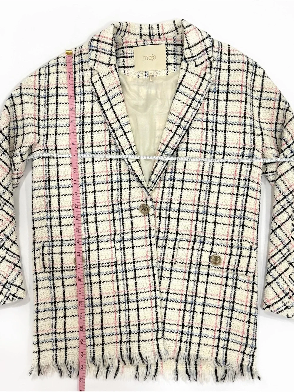 Maje preppy coquette style cream multicolored plaid blazer with gold button | 34